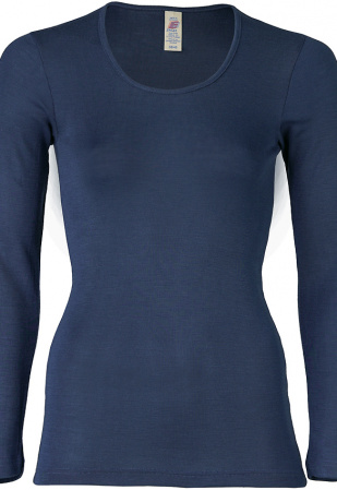 Damen-Unterhemd, lange Arme, aus Wolle/Seide - marine