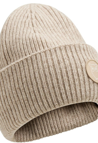 Wollstrick-Mütze mit Badge - nature melange