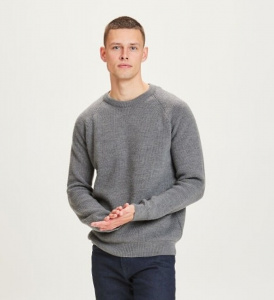 O-Neck Merino Wool Rib Knit - grey melange
