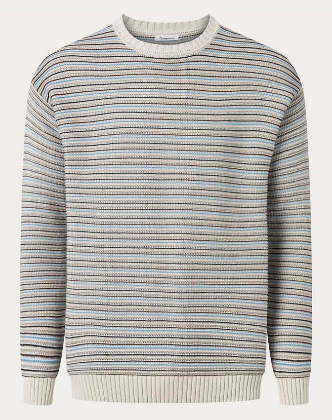 Cotton Striped Knitted Crew Neck - beige stripe