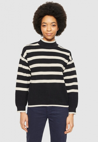 Cotton Micro Bubble Stripe Crew Neck - schwarz weiß