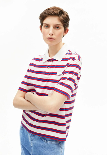 Stripe Polo T-Shirt - oatmilk/red/blue