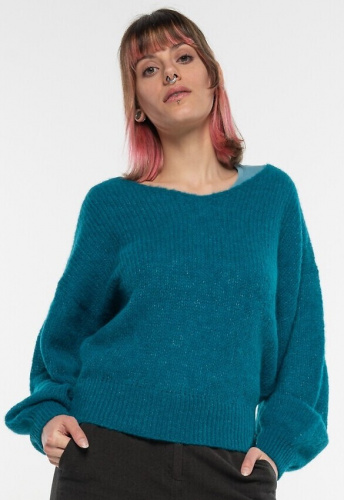 V-Neck Alpakapullover - petrol