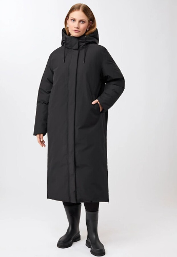 Langer Mantel aus Eco Daune mit Kapuze - schwarz