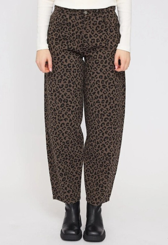 Printed Barrel Leg Denim Pants - chocolate brown